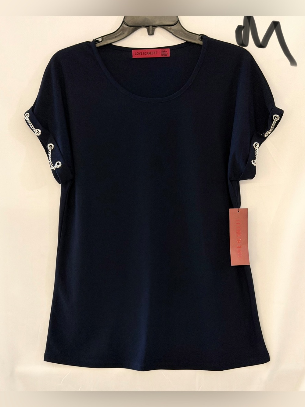 Scarlett Navy Tee with Grommet & Chain Sleeve Detail
